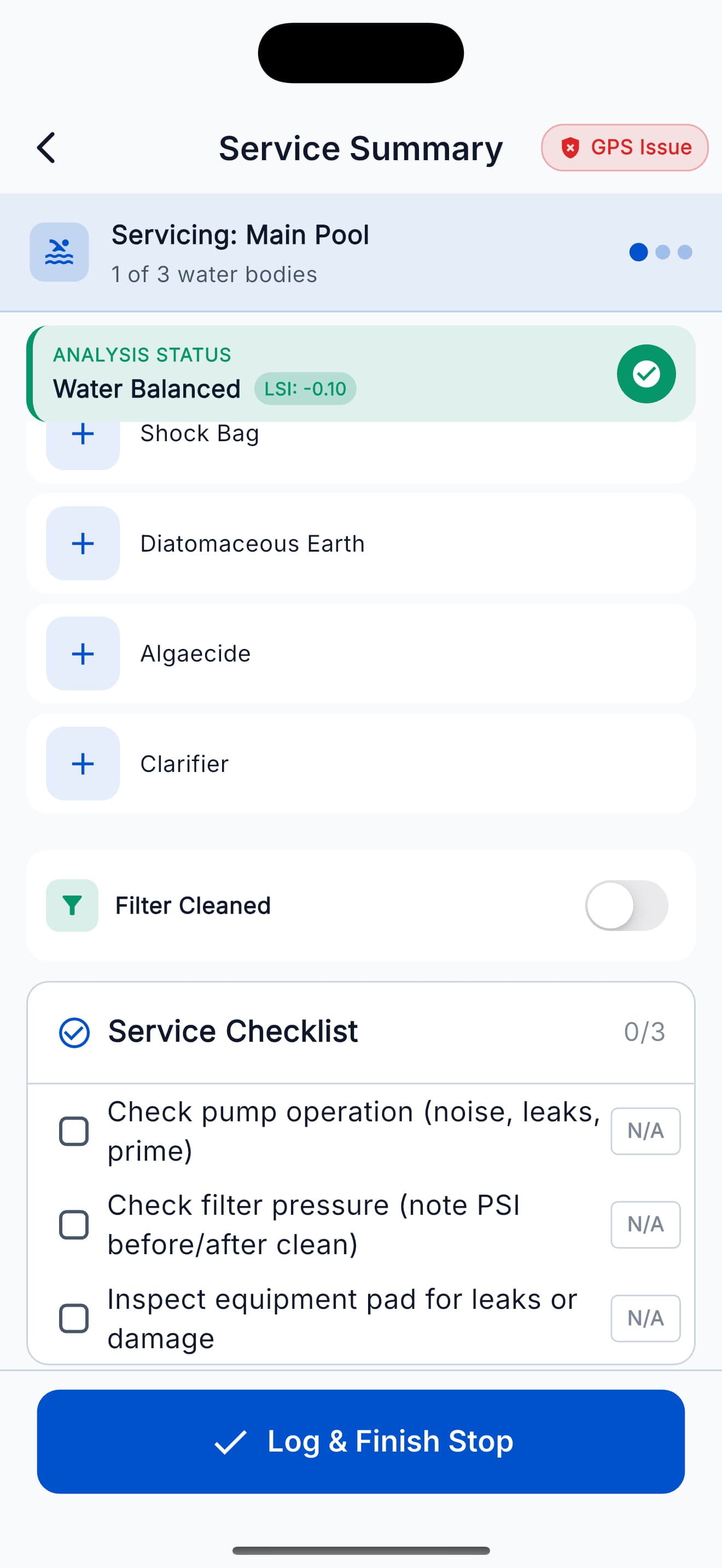 Service checklist with items