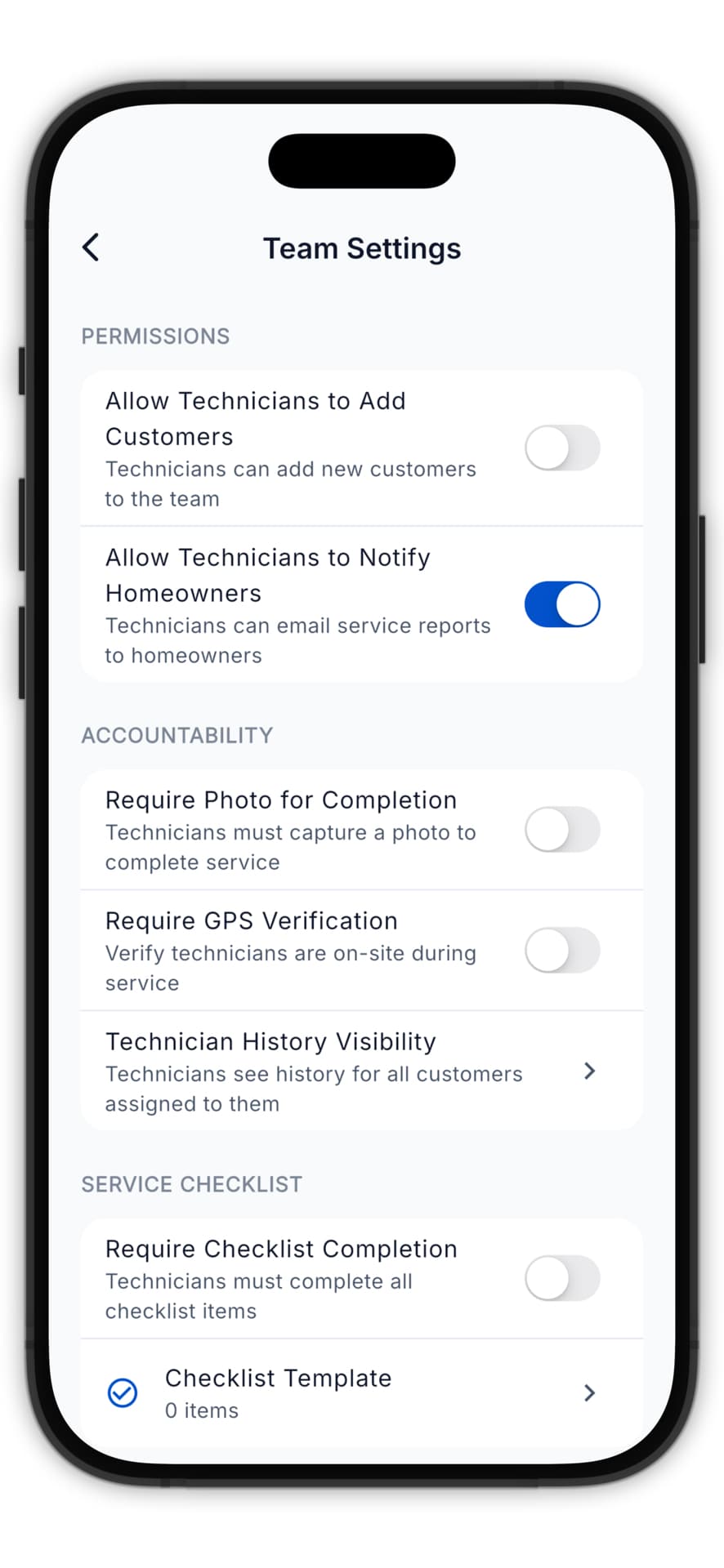 Team settings with permissions and accountability toggles