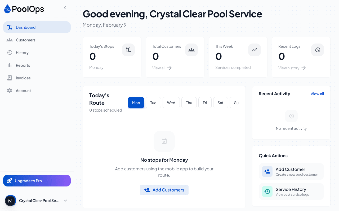 Main dashboard view with stats cards