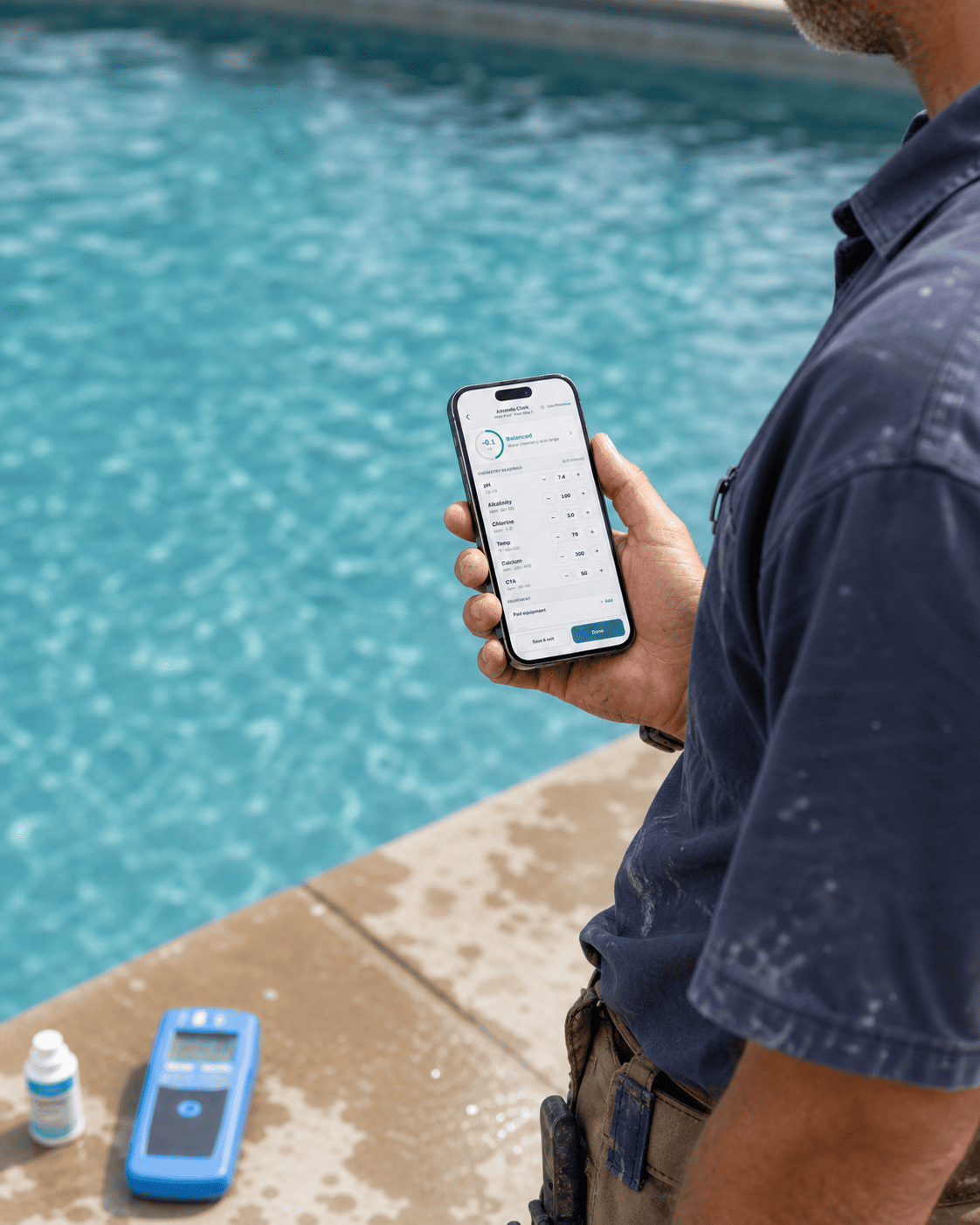 A pool service technician using PoolOps beside a residential pool