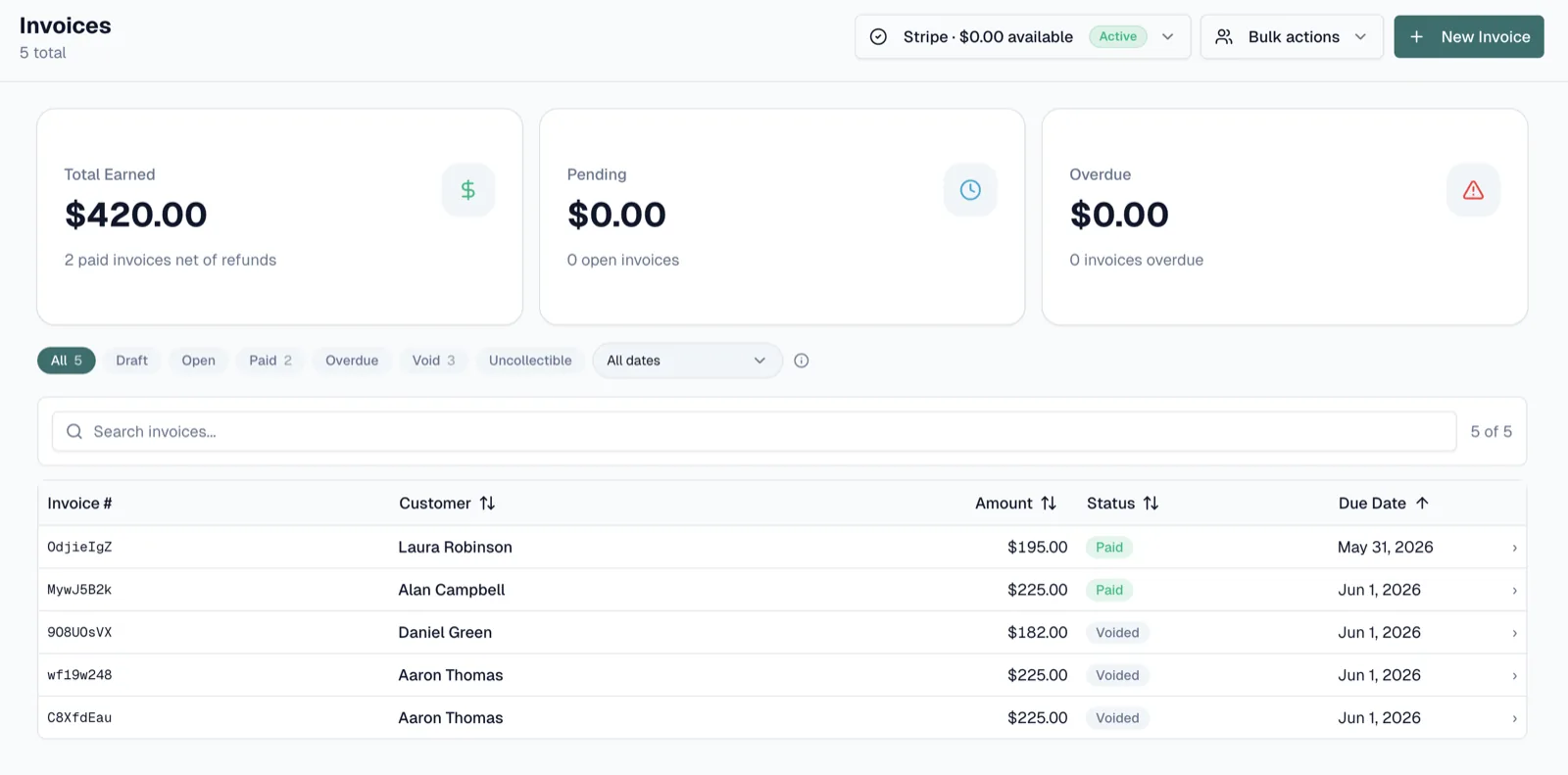 Invoice dashboard listing paid, pending, and overdue invoices on the web.