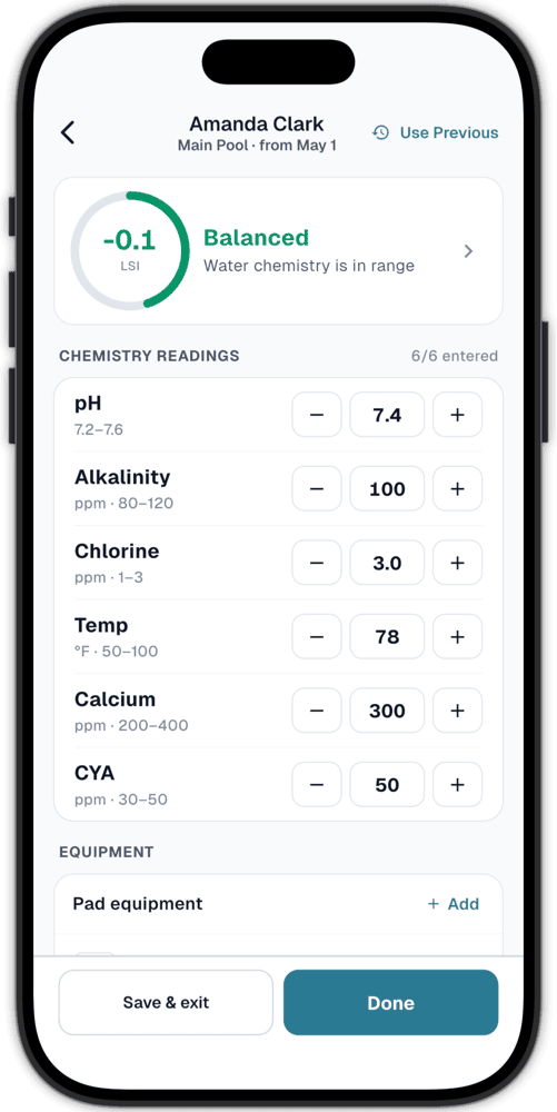 PoolOps chemistry screen with water readings and LSI dosage guidance