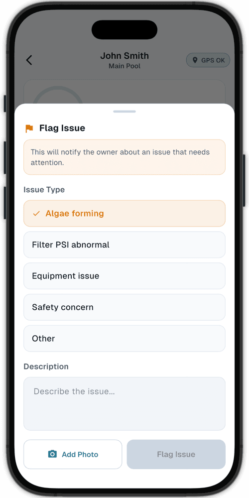 Flag issue screen on the phone with photo and notes.