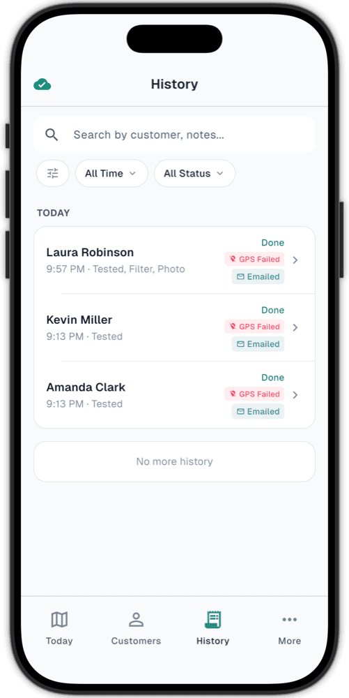 Customer service history with branded reports per visit.