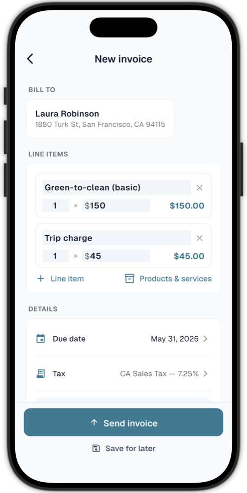 PoolOps mobile invoice screen with customer line items