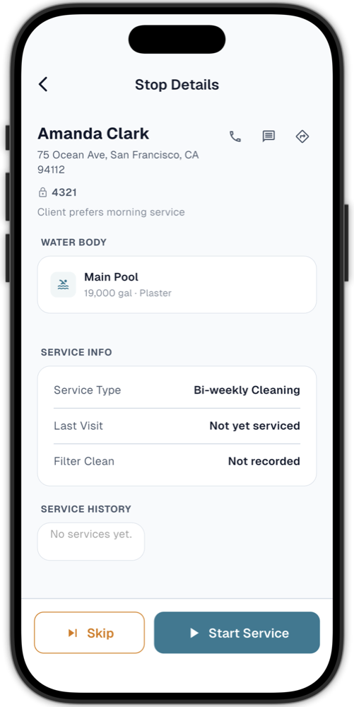 PoolOps stop details on mobile with customer and pool information